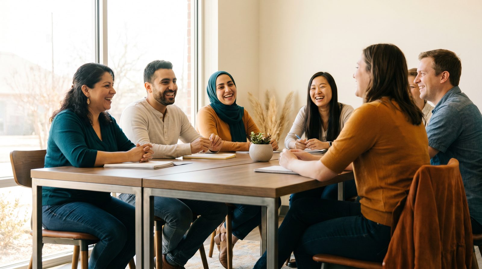 Diverse group of adult language students learning together in a welcoming Dallas classroom